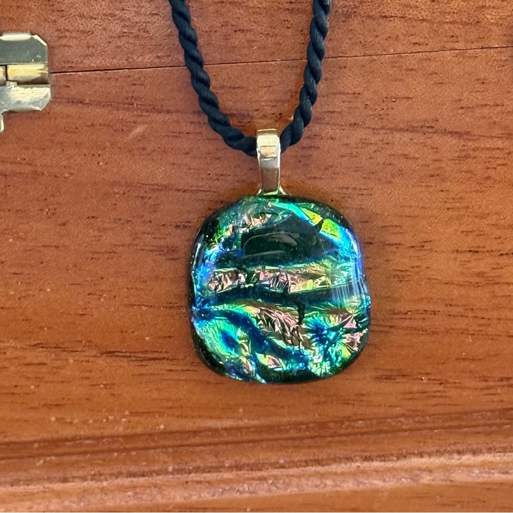 Artisan Dichroic Glass Round Pendant Iridescent Multicolored Handmade